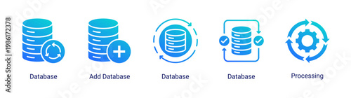 Data handling icon set with database and processing elements.Perfect for data management,storage,and digital system applications.