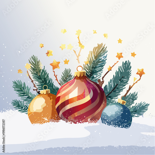 Festliche Ornamente und funkelnde Lichter liegen sanft im frischen Schnee 