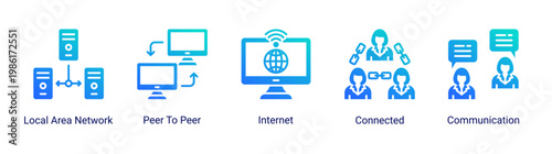 Network flow icon set featuring connection,internet,and communication systems.Suitable for networking and digital communication visuals.