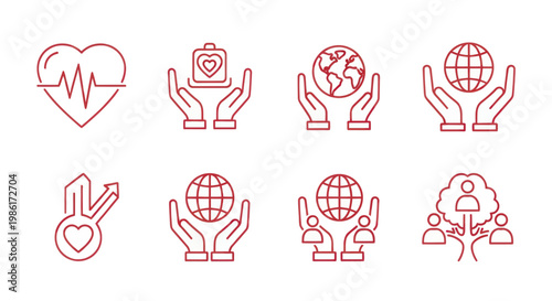 Set of icons representing care, global support, and community.