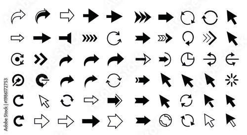 A collection of various arrow, cursor, and refresh icons for digital design.