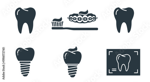 Set of dental care icons including tooth implant, braces, and x-ray in flat style