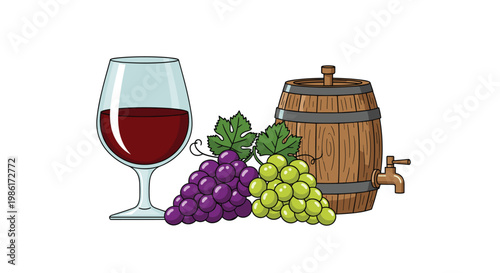 A large glass of rich red wine stands elegantly beside a rustic wooden barrel and fresh clusters of vibrant purple and green grapes on a white surface.