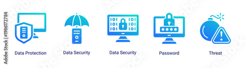 Security layer icon set with data protection,password,and threat elements.Ideal for cybersecurity and digital protection designs.