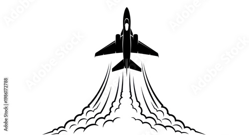 Black silhouette of a fighter jet taking off with smoke trails on white background