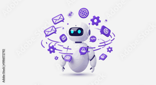 Futuristic white robot assistant multitasking with digital icons on a clean background.