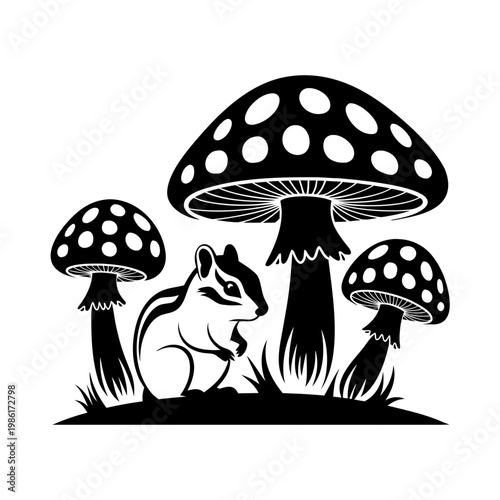 Chipmunk and mushrooms silhouette. Forest wildlife and nature concept. Vector illustration isolated on transparent background