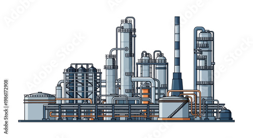 Flat vector illustration of an industrial chemical plant and oil refinery isolated on white.