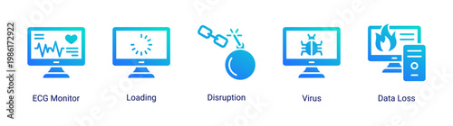 System alert icon set featuring monitoring,errors,and disruptions.Perfect for system performance and risk management visuals.