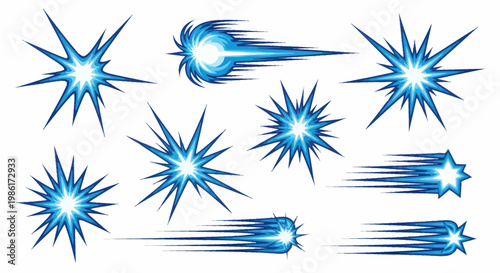 Blue comic energy blast effects and star explosions set on white background