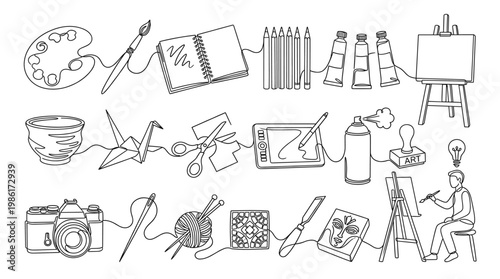Hand drawn art and craft icon set with palette, brushes, sketchbook, paint tubes, easel, camera, scissors and creative studio supplies
