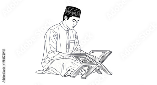 Muslim man reading the holy Quran book line art illustration