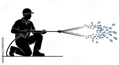 Silhouette of a worker using a pressure washer with blue water droplets on white background