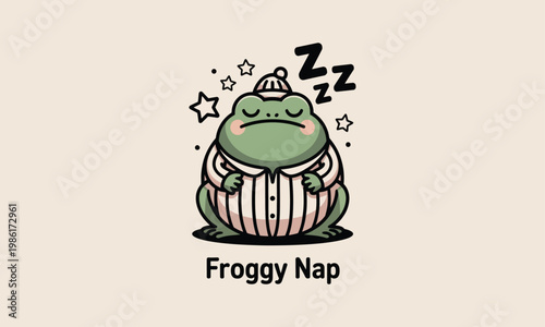 Charming illustration of a sleeping frog in pajamas with dream bubbles and stars