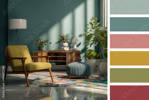 Modern living room interior with mid century furniture, colorful rug, and vibrant houseplants, illuminated by natural sunlight. Trendy color palette swatches displayed on the side