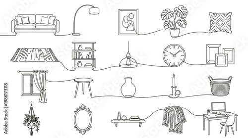 Home interior furniture icon set with sofa, lamp, rug, shelf, mirror, wall art, clock, table, chair and decor accessories in hand drawn outline style