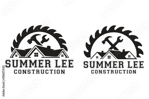 Construction Company Logo Design with Saw Blade, Hammer, Wrench, and Houses
