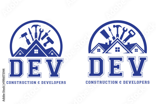 Construction and Developers Logo Concept with Tools and Houses Silhouette