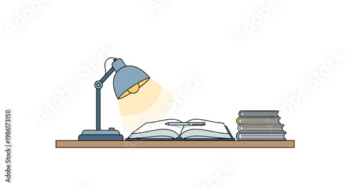 A stylish blue desk lamp illuminates an open notebook and a silver pen next to a neat stack of hardcover books on a smooth wooden table in a home office.