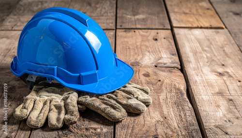 Safety Helmet on Wooden Background with Copy Space. Happy Labour Day concept. 1st May- International labor day concept.