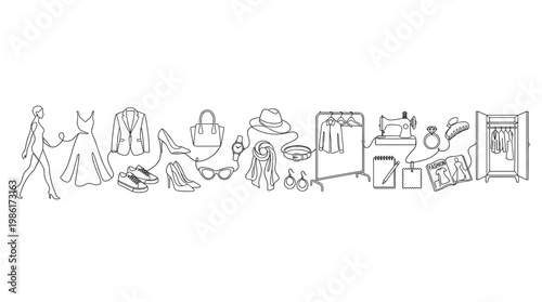 Family life and shopping icon set with parents, children, baby stroller, bottle, clothes, shoes, gifts, shopping bags and home objects in outline style