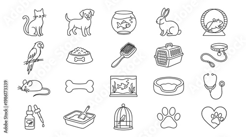 Pet care icon set with cat, dog, fish bowl, rabbit, bird cage, food bowl, leash, bone, stethoscope and grooming accessories in hand drawn outline style