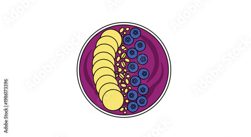 A vibrant purple acai smoothie bowl is meticulously decorated with a crescent of yellow banana slices and rows of plump blue blueberries on a white base.