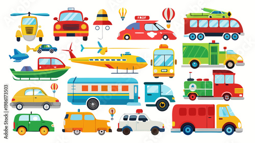 Large collection of colorful vehicle illustrations displayed in white background at bright lighting