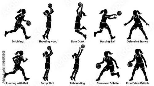 10 Woman Playing Basketball Silhouette Vector Pack – Female Sport & Athletic SVG Collection