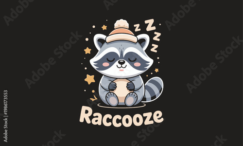Charming raccoon illustration a cozy winter scene with a sleeping raccoon in a knit hat