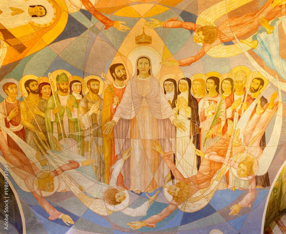 Naklejka premium CREMA, ITALY - MARCH 20, 2026: The detail of ceiling fresco in sacristy (Corontaion of Virgin Mary) of the church Santuario di Santa Maria della Croce by Rosario Follini (1998).