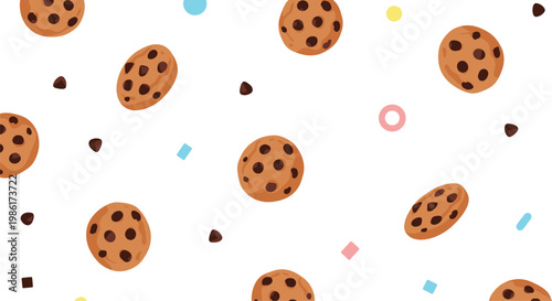 A whimsical seamless pattern features delicious chocolate chip cookies interspersed with colorful geometric shapes and dark chocolate morsels against a clean white background.