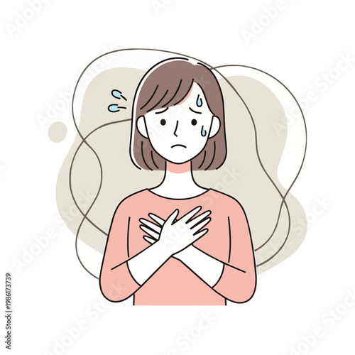 Illustration of a woman with a worried expression, clutching her chest, possibly experiencing anxiety, stress, or physical discomfort. Sweat droplets indicate heightened emotional state.