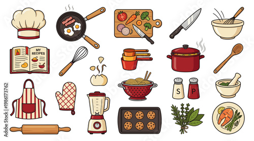 Cooking icon collection with chef hat, cookbook, frying pan, pizza, saucepan, spice jars, blender, baking tray, herbs and kitchen utensils for home meals