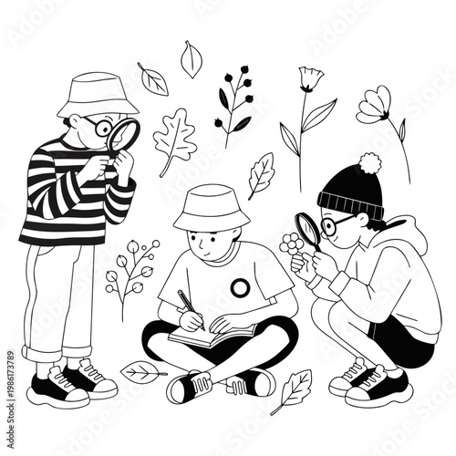 Young students intently study flora and fauna using magnifying glasses and taking notes in a natural outdoor setting.