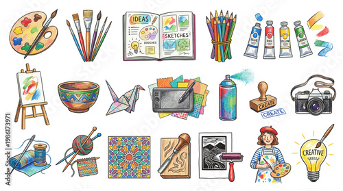 Art and creative tools icon set with paint palette, brushes, canvas, pencils, spray can, camera, sewing, roller and colorful craft workspace elements