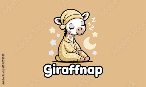 A charming illustration of a baby giraffe wearing a nightcap peacefully sleeping and dreaming sweetly