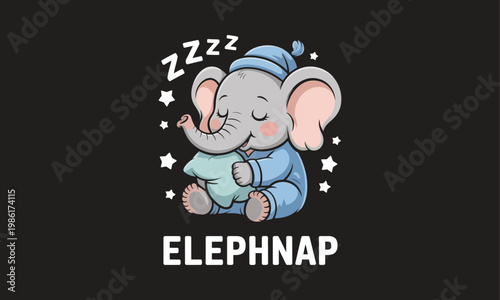 Adorable sleeping elephant cartoon illustration with 'elephnap' text a whimsical design