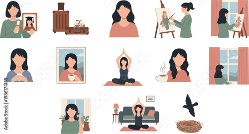Collection of flat design illustrations depicting women in various activities and professions including yoga painting and professional roles.