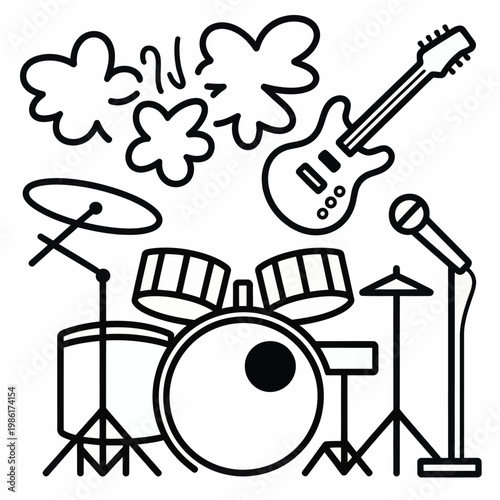 Black and White Outline Drawing of Drum Kit, Electric Guitar, and Microphone with Sound Effects