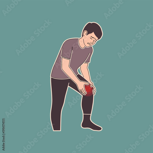 A man is holding his knee, indicating pain or discomfort. He is wearing a t-shirt and leggings, with a concerned expression on his face.