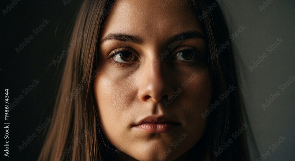 Fototapeta premium A young woman with long brown hair and a serious expression, captured in a close-up portrait with dramatic lighting.