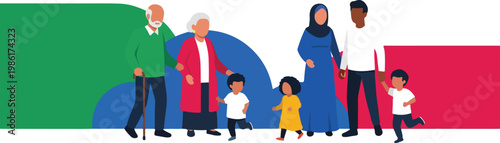 Diverse family generations and multi-ethnic groups with grandparents, parents, and children.