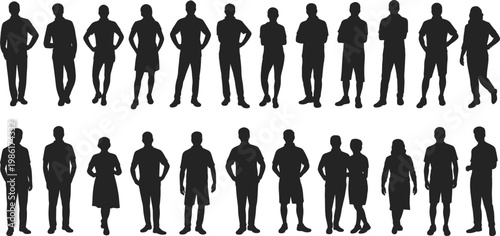 Black and white silhouettes of people in various poses and activities black silhouettes white background