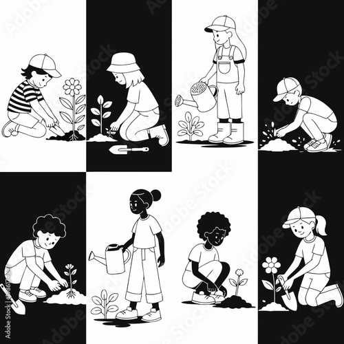 Diverse group of children actively participating in planting and nurturing seedlings, presented in a stylized graphic format with alternating black and white backgrounds.