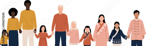 Diverse family holding hands, various ages and ethnicities, people on checkered background vector illustration.