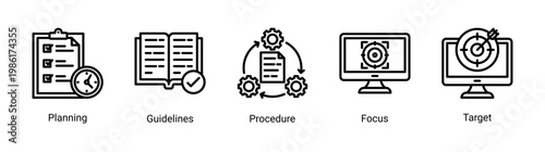 Planning basics icon set with workflow,guidelines,and goal-oriented concepts.Ideal for strategy,management,and business planning visuals.