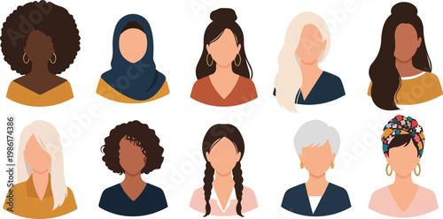 Diverse women's avatars: various hairstyles, skin tones, and head coverings, representing different cultures and ages.