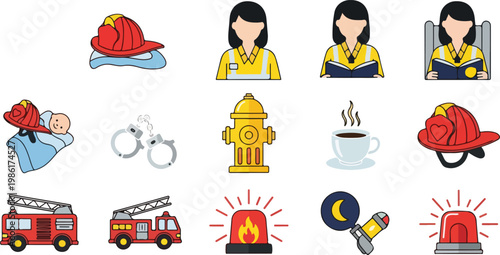 Firefighter icons featuring helmet, baby, handcuffs, hydrant, coffee, book, and fire trucks with sirens.