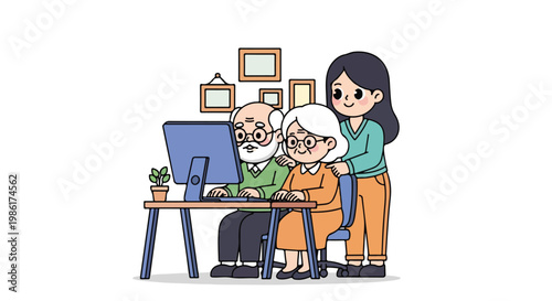Young woman helping elderly man with computer at home, demonstrating technology support and family care